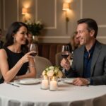 Elegantní pár ve čtyřiceti sedí u večeře v restauraci s červeným vínem a svíčkami.
