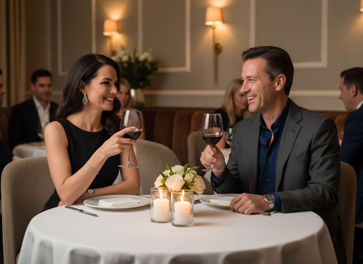 Elegantní pár ve čtyřiceti sedí u večeře v restauraci s červeným vínem a svíčkami.